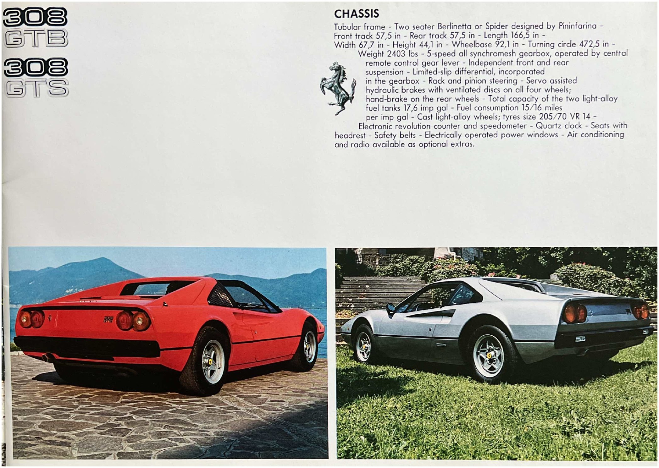 Ferrari 308 brochure — GTB and GTS exterior, chassis specification