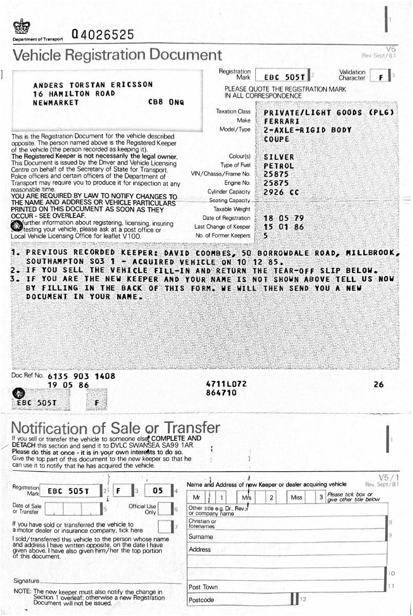 Scan of UK V5 Vehicle Registration Document