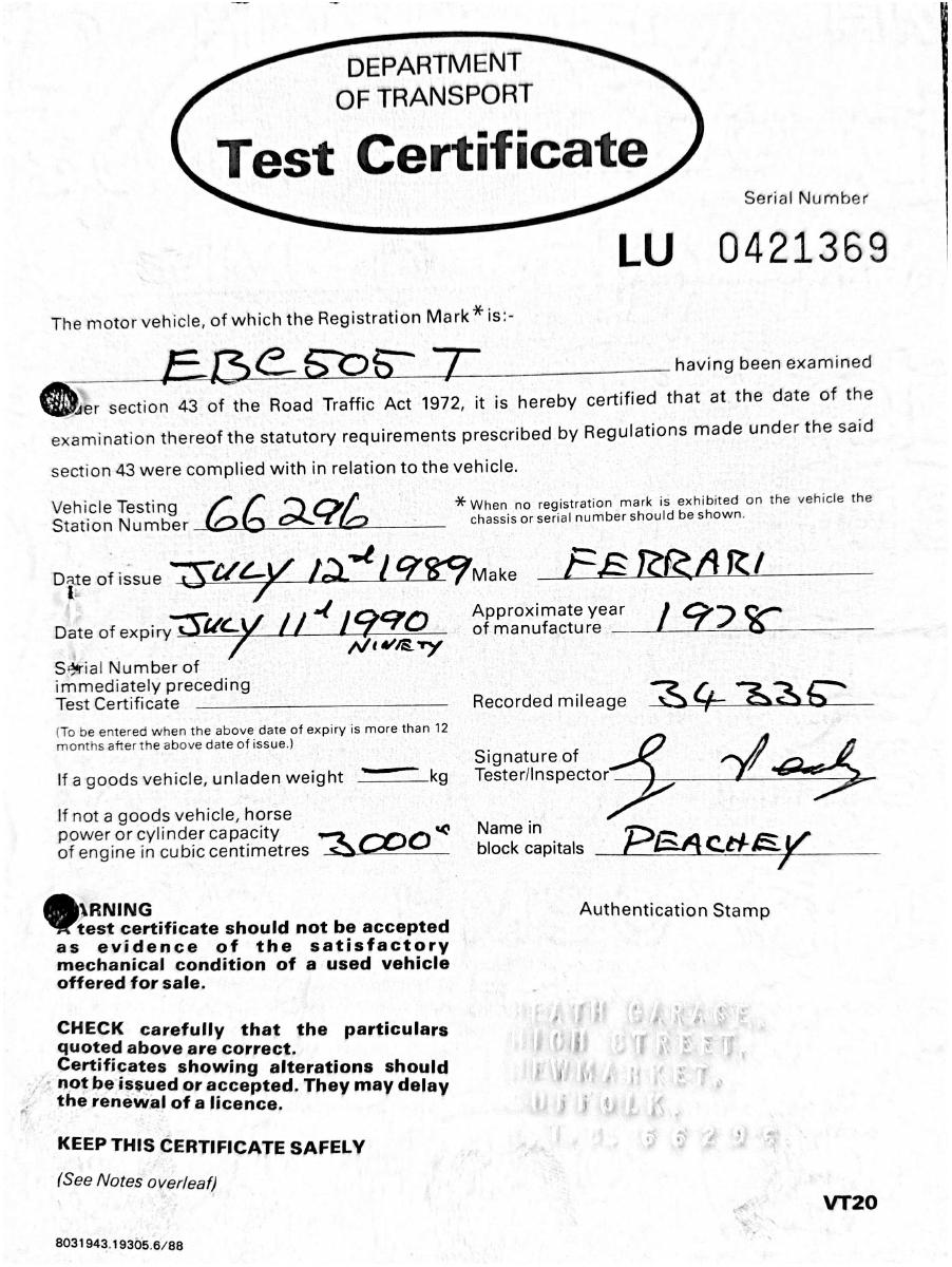 Scan of UK MOT test certificate (VT20)