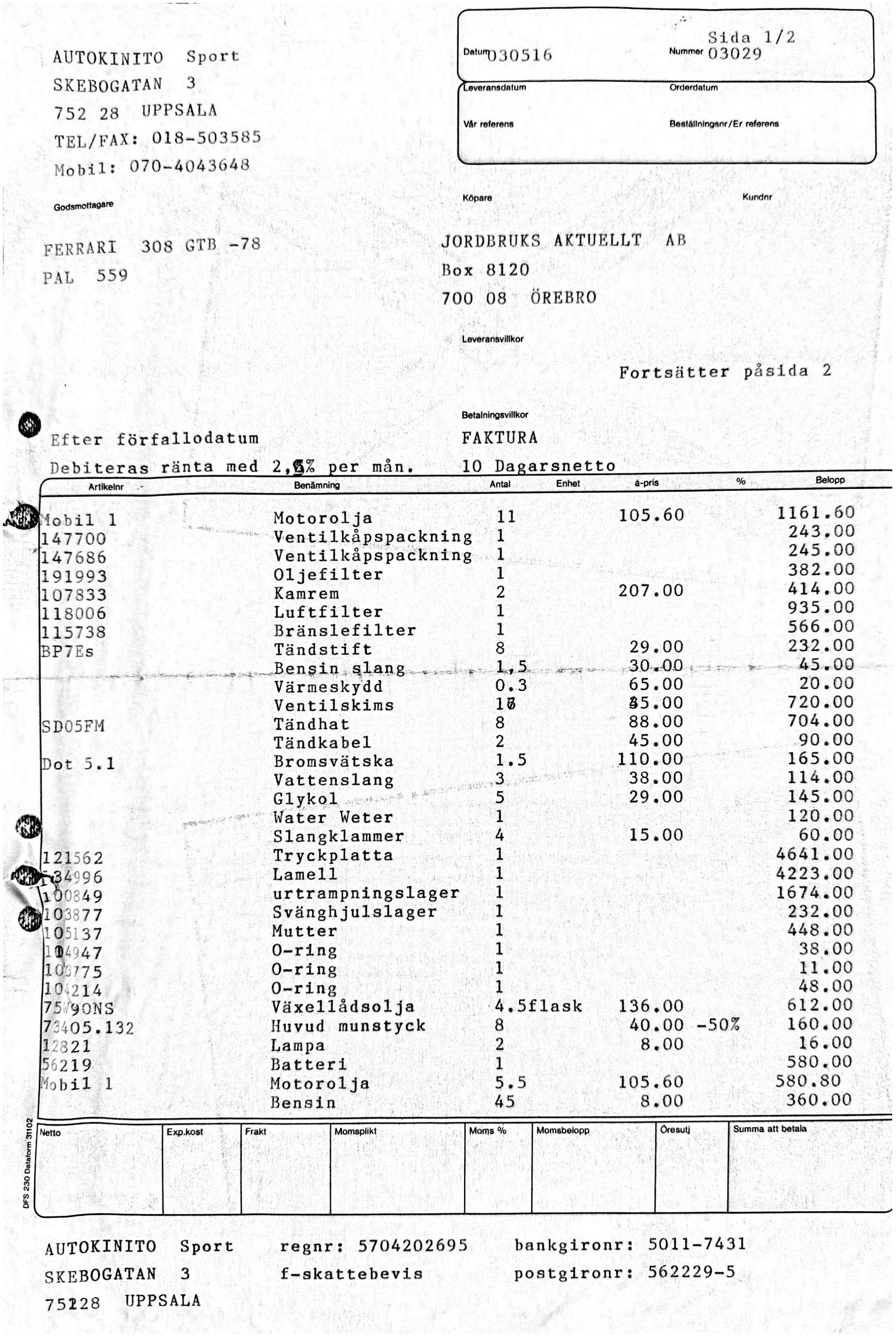 Scan of Autokinito service invoice — major service (1/2)