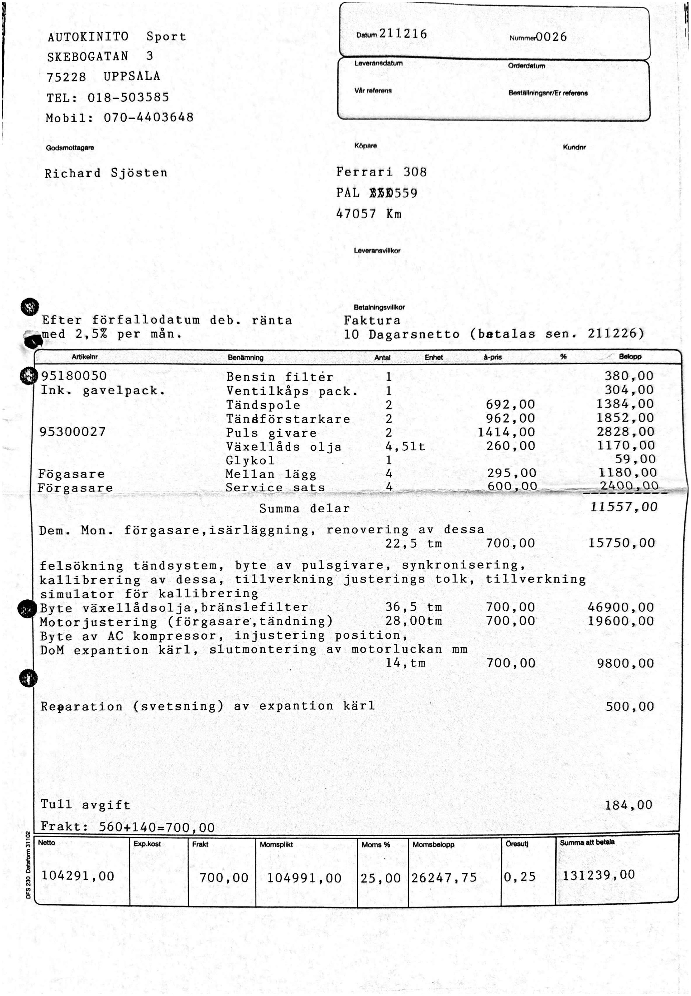 Scan of Autokinito service invoice — carburetor & ignition rebuild