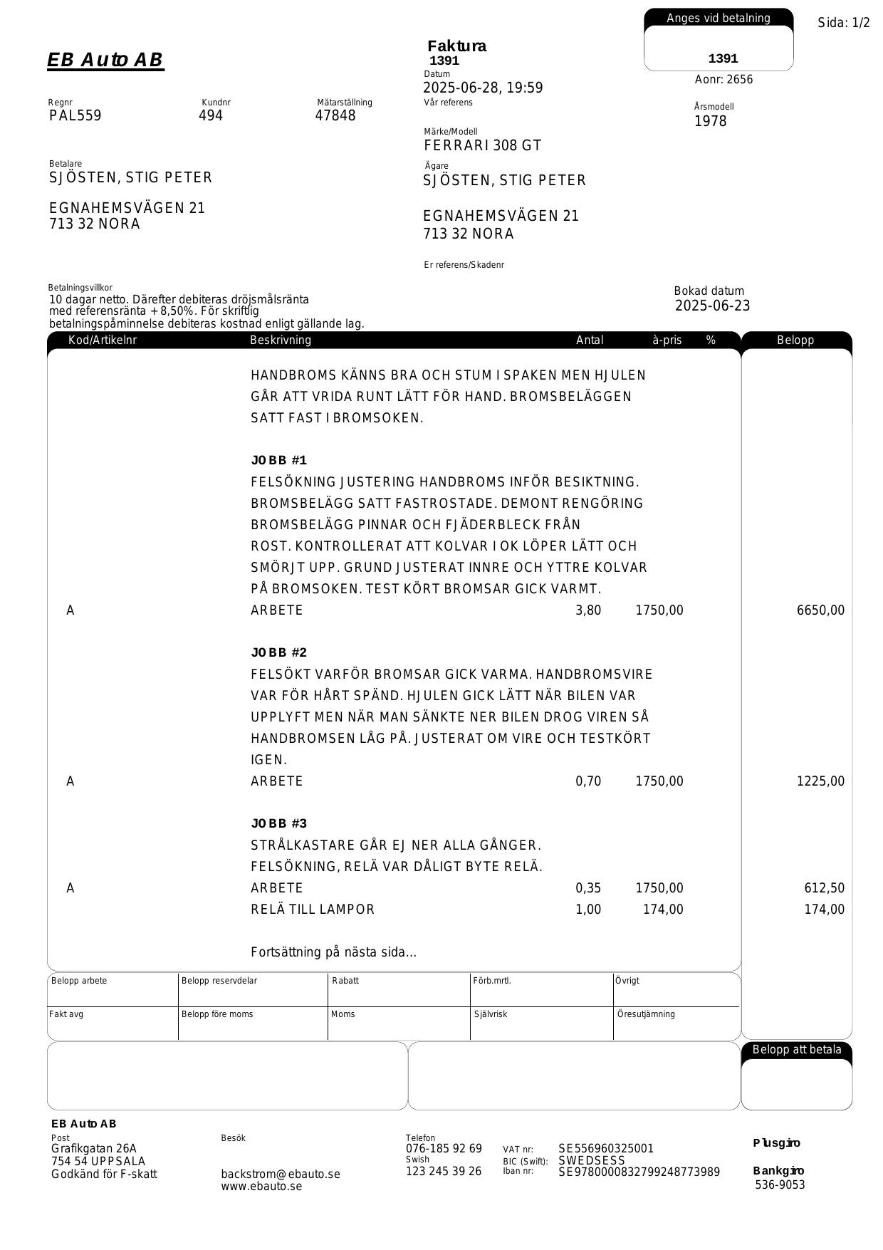 Scan of EB Auto service invoice — handbrake & headlight relay
