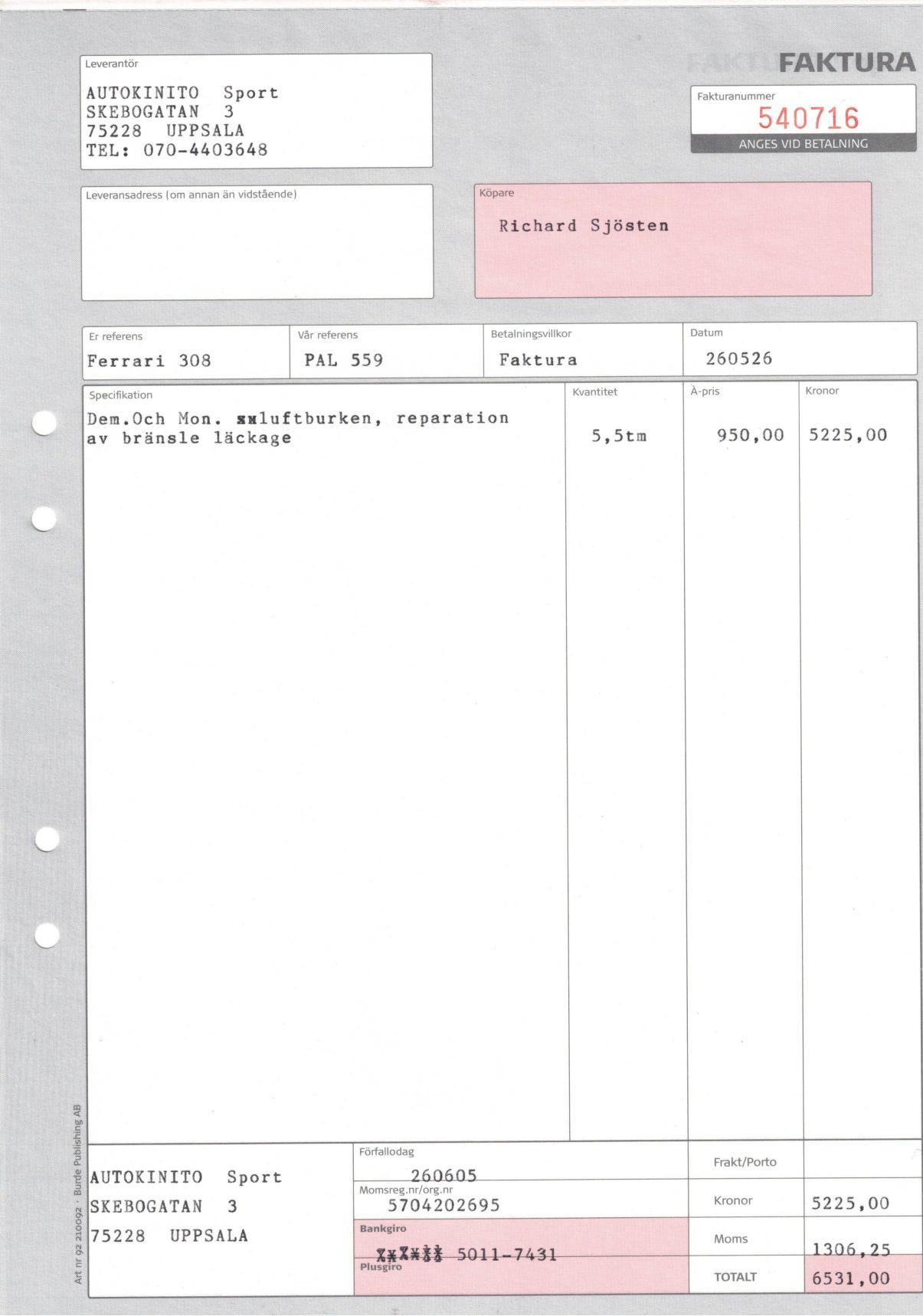 Scan of Autokinito invoice — airbox & fuel leak repair