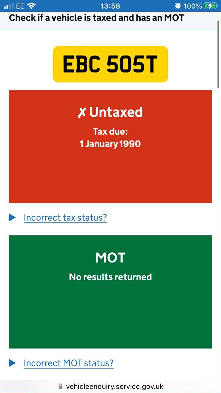 DVLA vehicle enquiry — untaxed since 1 January 1990, no MOT