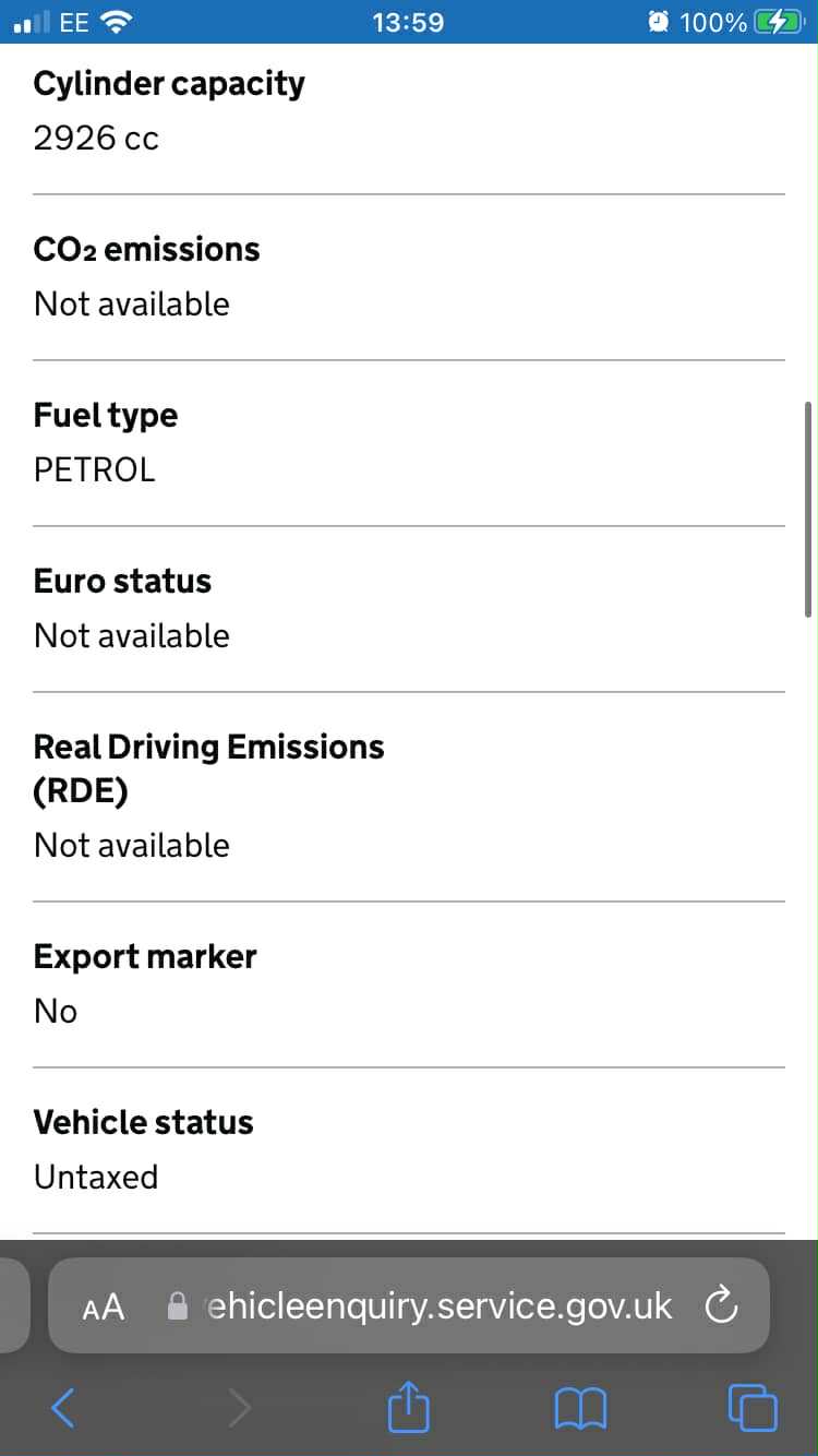 DVLA vehicle enquiry — cylinder capacity 2926 cc, petrol