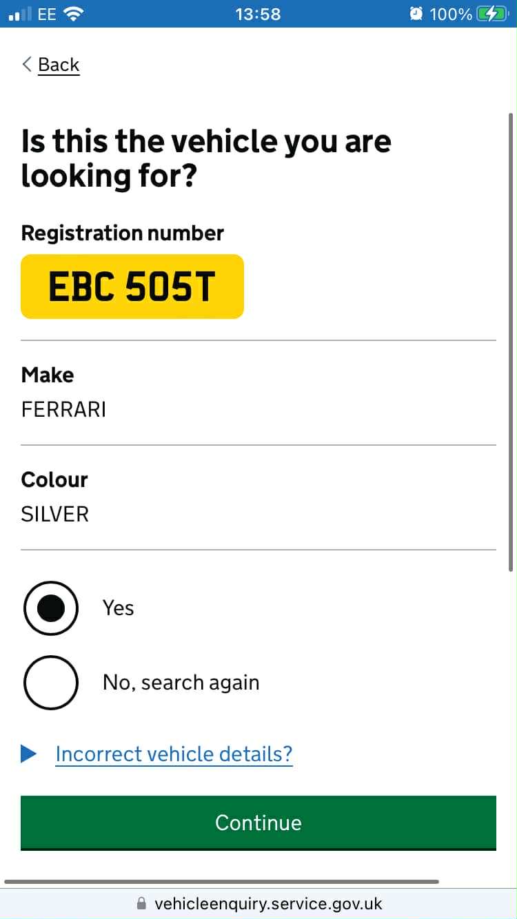 DVLA vehicle enquiry — EBC 505T, Ferrari, Silver