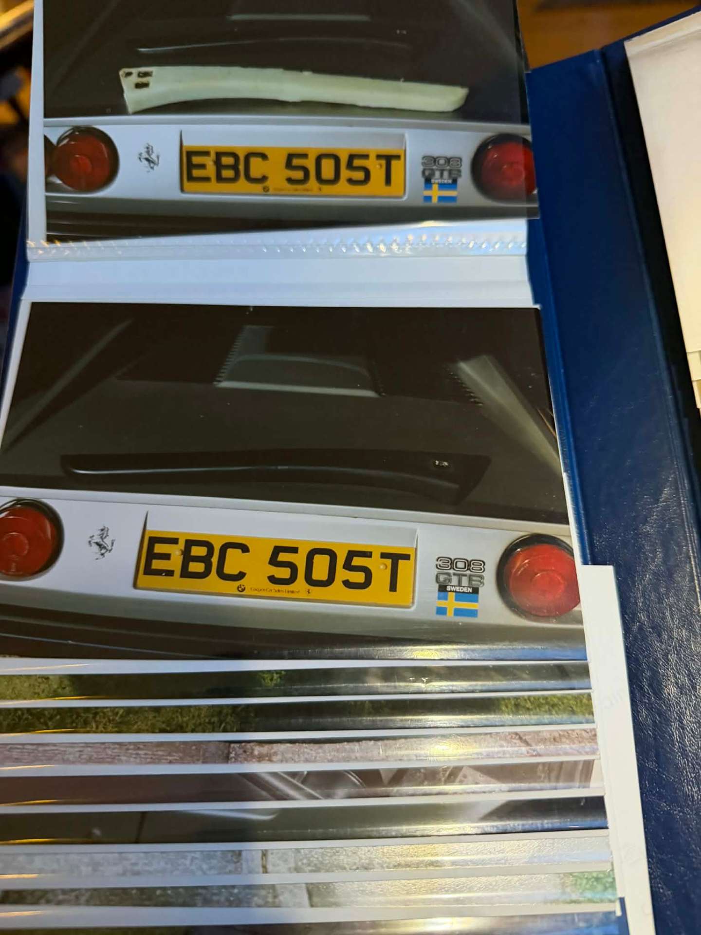 Period photograph of the Ferrari 308 GTB rear with UK plate EBC 505T and Swedish flag sticker